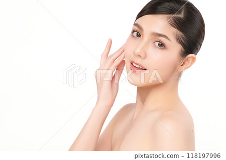 Beautiful young asian woman with clean fresh skin on white background, Face care, Facial treatment, Cosmetology, beauty and spa, Asian women portrait. 118197996