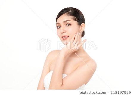 Beautiful young asian woman with clean fresh skin on white background, Face care, Facial treatment, Cosmetology, beauty and spa, Asian women portrait. Beautiful young asian woman with clean fresh skin on white background, Face care, Facial treatment, Cosmetology, beauty and spa, Asian women portrait. 118197999
