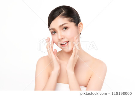 Beautiful young asian woman with clean fresh skin on white background, Face care, Facial treatment, Cosmetology, beauty and spa, Asian women portrait. 118198000