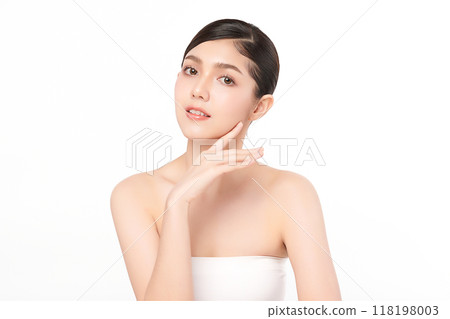 Beautiful young asian woman with clean fresh skin on white background, Face care, Facial treatment, Cosmetology, beauty and spa, Asian women portrait. 118198003