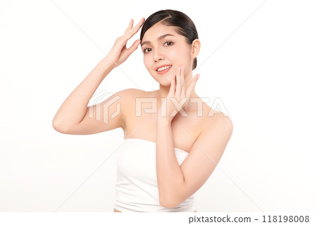Beautiful young asian woman with clean fresh skin on white background, Face care, Facial treatment, Cosmetology, beauty and spa, Asian women portrait. Beautiful young asian woman with clean fresh skin on white background, Face care, Facial treatment, Cosmetology, beauty and spa, Asian women portrait. 118198008