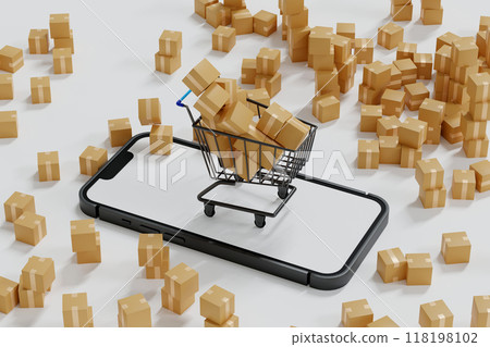 Parcel drop in supermarket cart on mobile phone and go ahead, online shopping, 3D rendering. 118198102