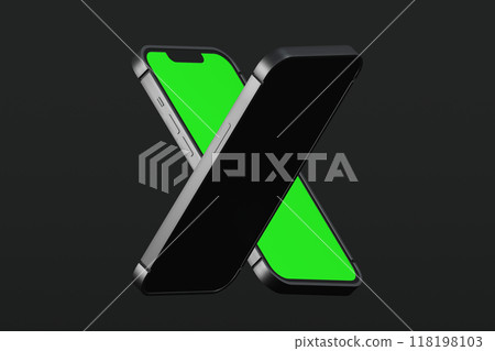 Mobile phone show green screen display, application website presentation, 3D rendering. 118198103