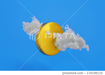 Big gold coin spin around the cloud, concept of money freedom, 3D rendering 118198110