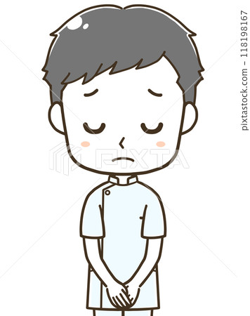 一位年輕男護士道歉的上半身插圖 一位年輕男護士道歉的上半身插圖 118198167