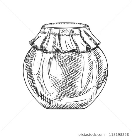 Vector illustration with transparent glass jar sauces, spices, preservation. Kitchen utensils, tools, dishes. Retro old cutlery. Hand drawn illustration in line art in black ink, isolated background 118198238