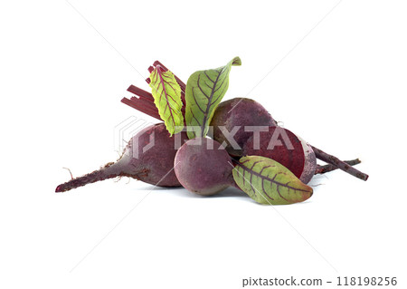 Fresh organic beets with vibrant green leaves isolated on white background Fresh organic beets with vibrant green leaves isolated on white background 118198256