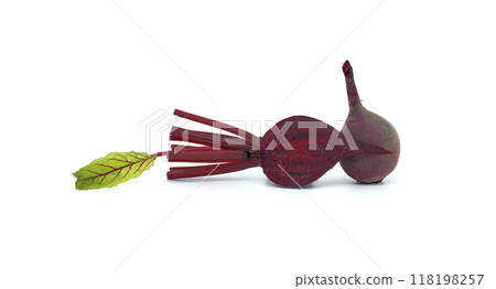 Fresh beetroot with vibrant red color and green leaves on a white background Fresh beetroot with vibrant red color and green leaves on a white background 118198257