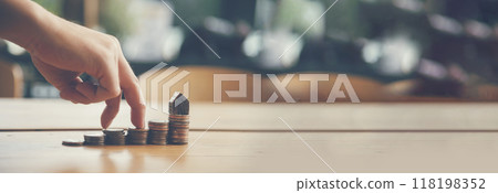 Banner Finance Plan coin stack hand protect Debt loan Home financial plan coin stack concept. Banner Investment plan stack gold money wealth bank. Financial advice planning investment with copy space 118198352