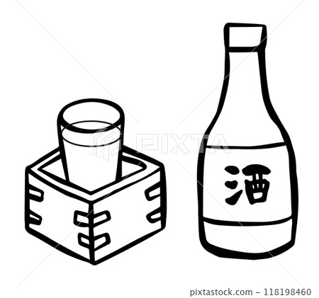 刷寫日本清酒黑白線描插圖 刷寫日本清酒黑白線描插圖 118198460