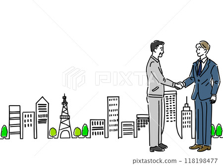 城市景觀的粗略手繪圖，供應商和商人握手 118198477