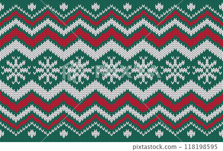 Knitted pattern seamless fabric Christmas on green. traditional knitted pattern snowflakes winter concept. Designed for background ,wallpaper ,clothing ,knitted pattern ,fabric ,embroidery ,textile 118198595