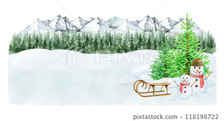 Funny snowman on snowy ground with Christmas tree in winter landscape. Winter season outdoors festive scene. Vintage style illustration. Winter time decor with fir tree, sled, snowman, snow piles Funny snowman on snowy ground with Christmas tree in winter landscape. Winter season outdoors festive scene. Vintage style illustration. Winter time decor with fir tree, sled, snowman, snow piles 118198722