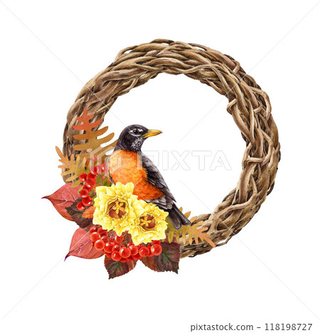 Autumn season natural decor wreath with bird, fallen leaves, rowanberry. Watercolor illustration. Vintage style fall season wreath in warm colors. Robin bird, leaves, rowan berries element isolated 118198727