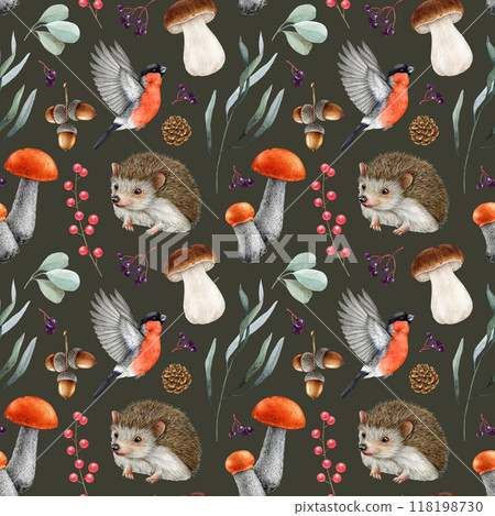 Cute hedgehog, forest nature elements seamless pattern. Watercolor vintage style illustration. Forest wildlife animal, bullfinch, mushrooms, leaves seamless pattern design on dark background 118198730