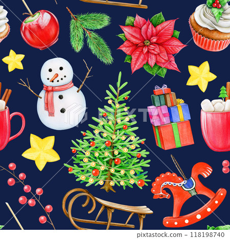 Christmas vintage style decor traditional elements seamless pattern. Hand drawn fir tree, snowman, sleigh, winter sweets and treats on dark blue background. Winter mood decor seamless pattern 118198740