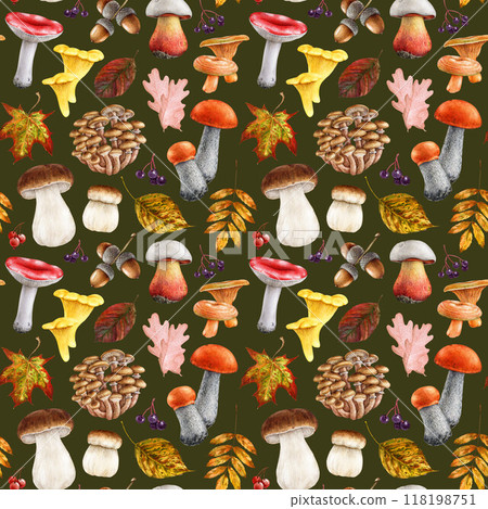 Forest autumn edible mushrooms, fallen tree leaves seamless pattern in warm colors on dark green background. Watercolor vintage style illustration. Painted mushroom, autumn leaves, berries elements 118198751
