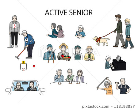 Active seniors, illustration of elderly people enjoying their retirement and hobbies Active seniors, illustration of elderly people enjoying their retirement and hobbies 118198857