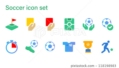 Soccer icon set collection of football red yellow card field match goal ball possession jersey Soccer icon set collection of football red yellow card field match goal ball possession jersey 118198983