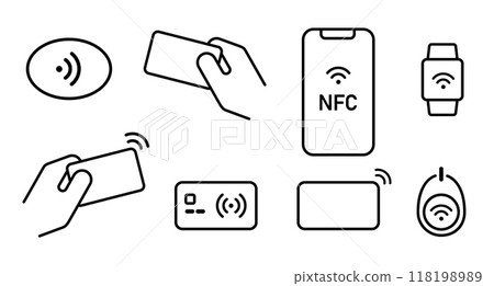 NFC proximity card cash less contactless payment wireless transaction symbol icon illustration smartphone tag key chain card NFC proximity card cash less contactless payment wireless transaction symbol icon illustration smartphone tag key chain card 118198989