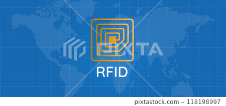 RFID radio frequency identification wireless ID antenna symbol blue background RFID radio frequency identification wireless ID antenna symbol blue background 118198997