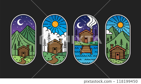 Set of vector line art cabin 118199450