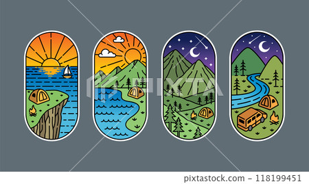 Set of vector line art camping designs 118199451