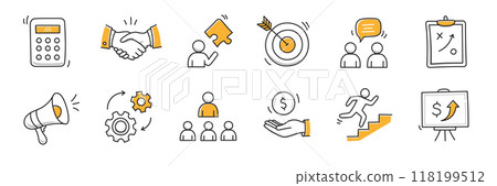 Hand drawn icon sketch business office career set. Doodle hand drawn business office target, finance group work, career teamwork strategy. Target, puzzle, chart element. Vector Hand drawn icon sketch business office career set. Doodle hand drawn business office target, finance group work, career teamwork strategy. Target, puzzle, chart element. Vector 118199512