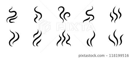 Smoke steam icon vector logo set. Smoke smell, steam aroma heat icon illustration. Hot vapor fire doodle line logo. Hit stink, coffee, fragrance flame elements. Vector Smoke steam icon vector logo set. Smoke smell, steam aroma heat icon illustration. Hot vapor fire doodle line logo. Hit stink, coffee, fragrance flame elements. Vector 118199516