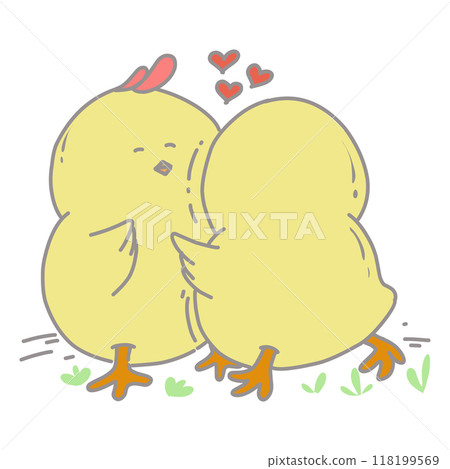 Cartoon illustration of a pair of cute yellow chicks in love 118199569
