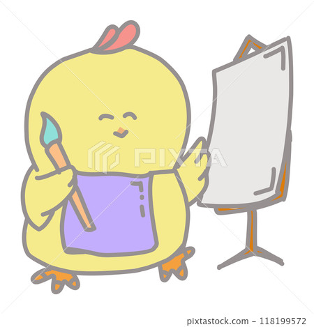 Illustration of a cute yellow cartoon chick holding a paint brush 118199572