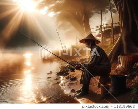 An old man is fishing on the river bank, horizontal view  118199668