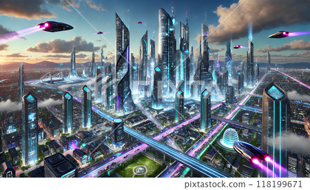 A futuristic city illuminated by neon lights 118199671