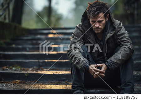 Worried man sitting on the stairs 118199753