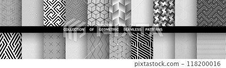 Geometric set of seamless black and white patterns. Simple vector graphics. Geometric set of seamless black and white patterns. Simple vector graphics. 118200016