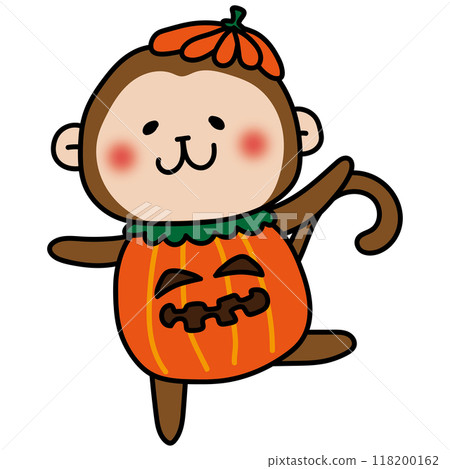 A monkey dressed up as a jack-o'-lantern for Halloween 118200162