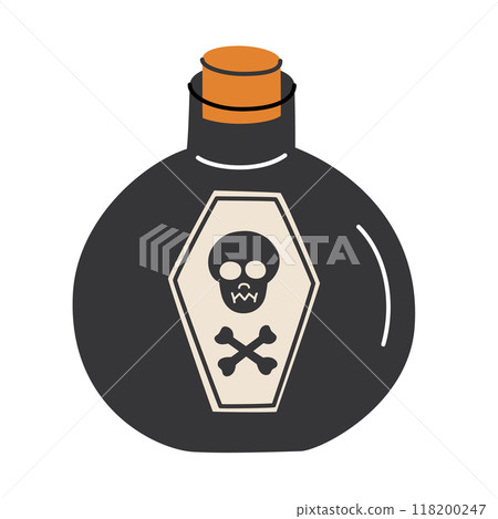 Vector illustration of Halloween poison bottle with skull and crossbones label, sense of danger and mystery. Flat, cartoon style with spooky and festive atmosphere, perfect for Halloween designs Vector illustration of Halloween poison bottle with skull and crossbones label, sense of danger and mystery. Flat, cartoon style with spooky and festive atmosphere, perfect for Halloween designs 118200247