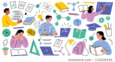 Educational vector illustration set in flat cartoon style. Students learning in class or at home, books, laptops, and study elements icons. School supplies collection. Learning and academic themes Educational vector illustration set in flat cartoon style. Students learning in class or at home, books, laptops, and study elements icons. School supplies collection. Learning and academic themes 118200248