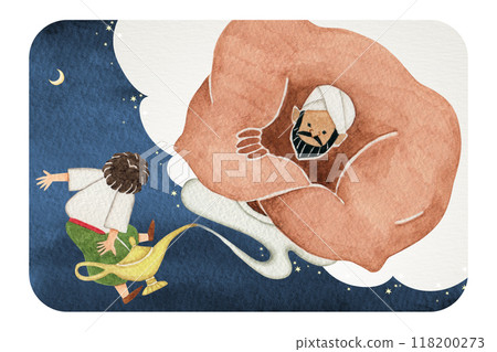 Fairy tale, old tale, Aladdin and the magic lamp, watercolor illustration 118200273