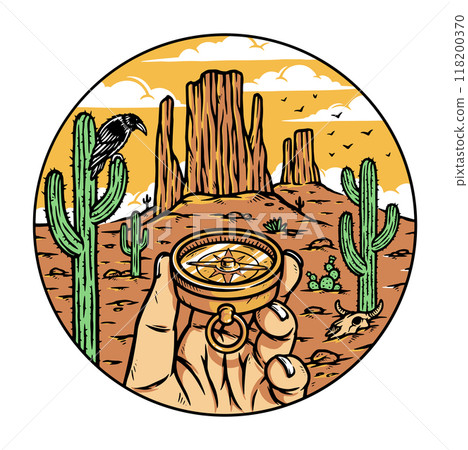 hand holding compass in desert 118200370
