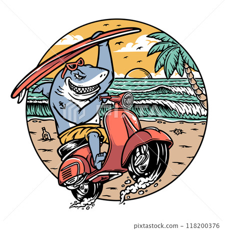 shark riding a scooter on the beach 118200376