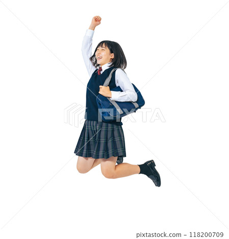 Female student in uniform jumping energetically. Full-body photo PNG with transparent background precisely cut out by hand. 118200709
