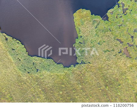 Aerial view of lake or river green shore with forest. Summer season. Aerial view of lake or river green shore with forest. Summer season. 118200756