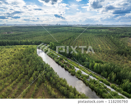 Aerial view of lake or river green shore with forest. Summer season. 118200760