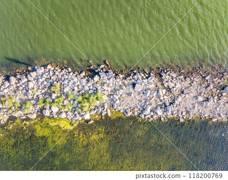 Aerial view of lake or river green shore with forest. Summer season. 118200769