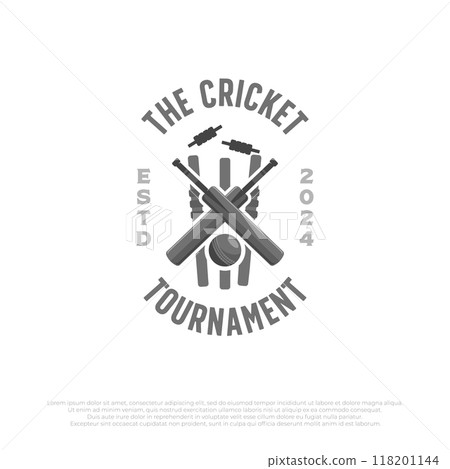 cricket tournament logo with ball and cricket bat elements template. vintage vector illustration of cricket icons for clubs and teams cricket tournament logo with ball and cricket bat elements template. vintage vector illustration of cricket icons for clubs and teams 118201144