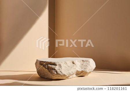Presentation stage for product, empty pedestal of stone natural featured, play of shadows subtle provides backdrop elegant for exhibition of merchandise 118201161