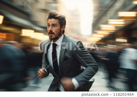 Corporate race - a businessman running, embodying concept of fast work and corporate lifestyle, illustrating demands of modern life and pursuit of business success in a dynamic world. Corporate race - a businessman running, embodying concept of fast work and corporate lifestyle, illustrating demands of modern life and pursuit of business success in a dynamic world. 118201484