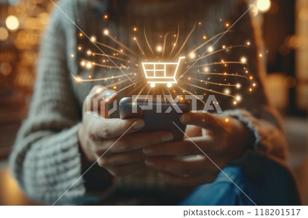 Digital buyer: customer engaging in social media shopping via mobile phone, fusion of social networking with e-commerce, emphasizing ease, accessibility, contemporary shopping landscape. 118201517