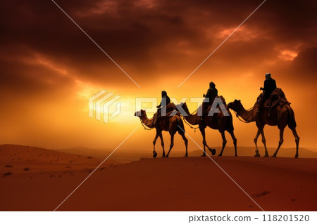 Expedition across the desert - majestic camel caravan with laden packs traversing vast stretches of arid sands, timeless depiction of nomadic life, trade routes under relentless sun. 118201520